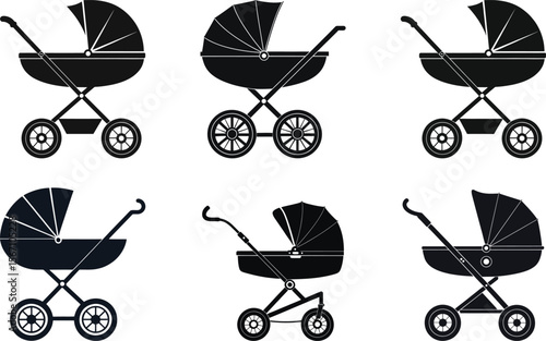 Set of baby carriage empty, old baby carriage, baby carriage icon, baby stroller icon. Baby pram, stroller silhouette, baby carriage clip art collection editable  isolated vector illustration