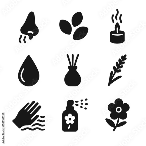 Sensory Experience Icons. Solid, filled icons set of sensory experiences: nose icon, aroma wave, soft petals,