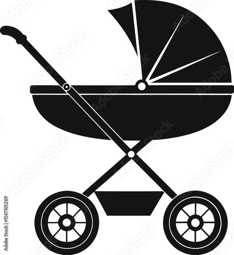 Baby carriage empty, old baby carriage, baby carriage icon, baby stroller icon. Baby pram, stroller silhouette, baby carriage clip art editable vector illustration