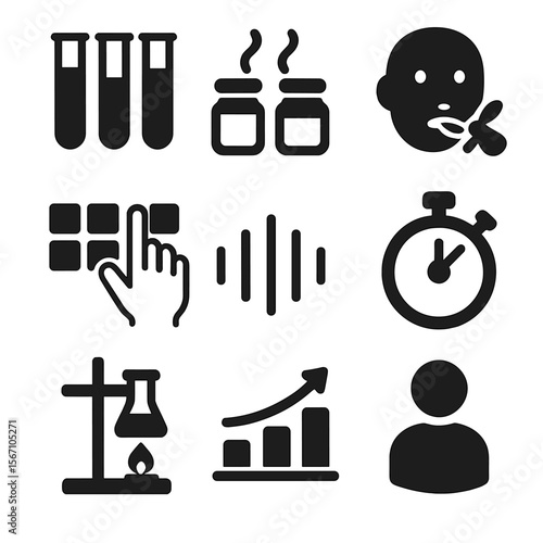 Sensory Experiment Icons. Solid, filled icons set of sensory experiments: test tubes, smell jars, taste test,