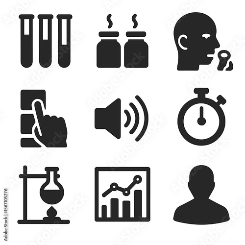 Sensory Experiment Icons. Solid, filled icons set of sensory experiments: test tubes, smell jars, taste test,