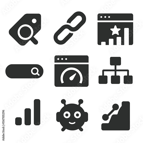 SEO Icon Set. Solid, filled icons set of search engine optimization (SEO): keyword tag, backlink chain,