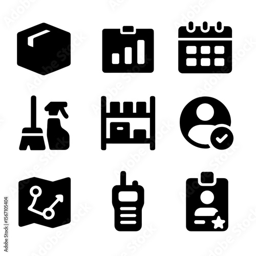 Shelter Operations Icons. Solid, filled icons set of shelter operations and logistics: inventory box, supply
