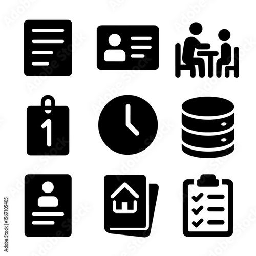 Shelter Intake Icons. Solid, filled icons set of shelter intake and registration: form icon, ID photo,