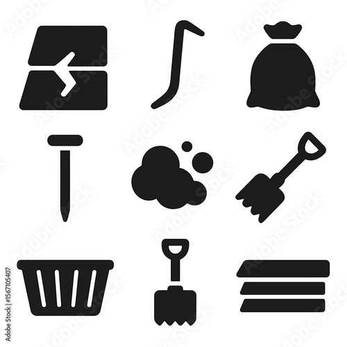 Shingle Removal Icons. Solid, filled icons set of removing old shingles: broken shingle, pry bar tool, debris