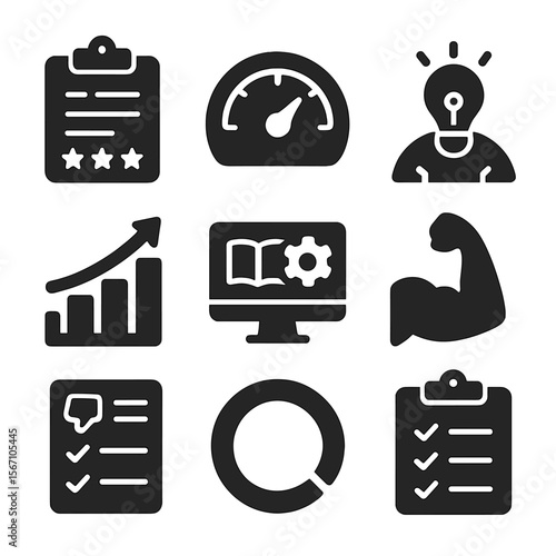 Skill Assessment Icons. Solid, filled icons set of skill assessment and tracking: clipboard rating, skill
