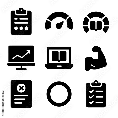 Skill Assessment Icons. Solid, filled icons set of skill assessment and tracking: clipboard rating, skill