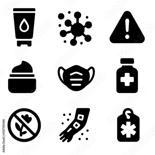 Skin Allergy Protection Icons. Solid, filled icons set of skin allergy protection: hypoallergenic cream,