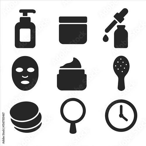 Skincare Essentials Icons. Solid, filled icons set of skincare essentials: cleanser bottle, toner jar, serum