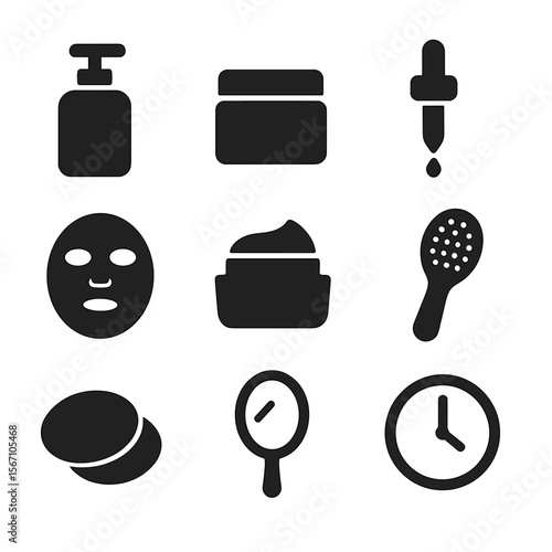 Skincare Essentials Icons. Solid, filled icons set of skincare essentials: cleanser bottle, toner jar, serum