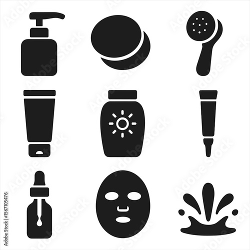 Skincare Routine Icons. Solid, filled icons set of daily skincare routine: cleanser pump, cotton pad,