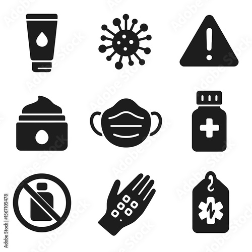 Skin Allergy Protection Icons. Solid, filled icons set of skin allergy protection: hypoallergenic cream,