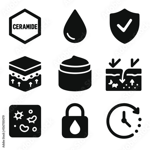 Skincare Icons Grid. Solid, filled icons set of barrier repair: ceramide icon, lipid drop, skin layers diagram