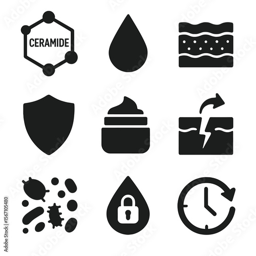 Skincare Icons Grid. Solid, filled icons set of barrier repair: ceramide icon, lipid drop, skin layers diagram