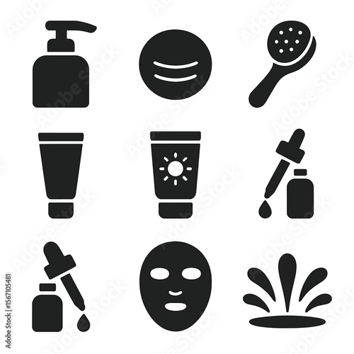 Skincare Routine Icons. Solid, filled icons set of daily skincare routine: cleanser pump, cotton pad,