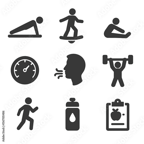 Skydiving Fitness Icons. Solid, filled icons set of physical fitness for skydiving: core strength, balance