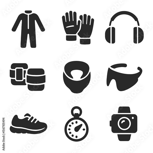 Skydiving Gear Icons. Solid, filled icons set of skydiving gear essentials: jumpsuit, gloves, ear protection,