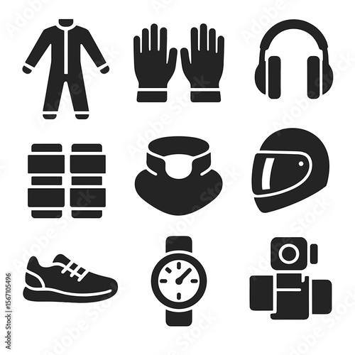 Skydiving Gear Icons. Solid, filled icons set of skydiving gear essentials: jumpsuit, gloves, ear protection,