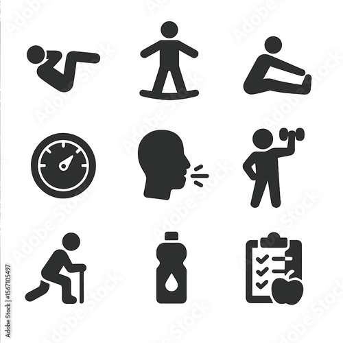 Skydiving Fitness Icons. Solid, filled icons set of physical fitness for skydiving: core strength, balance