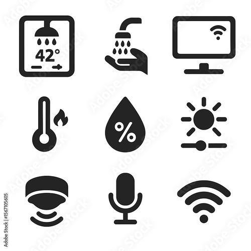 Smart Bathroom Icons. Solid, filled icons set of smart bathroom technology: digital shower control, touchless