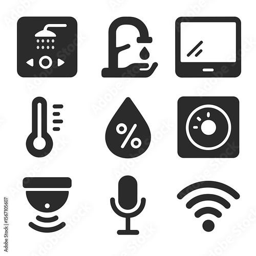 Smart Bathroom Icons. Solid, filled icons set of smart bathroom technology: digital shower control, touchless