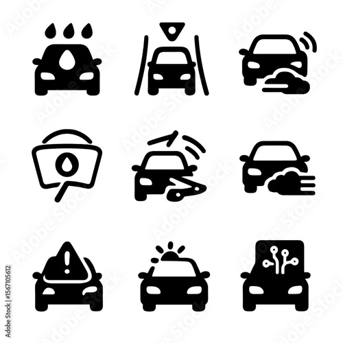 Smart Car Sensor Icons. Solid, filled icons set of smart car sensors: rain detector, lane camera, proximity