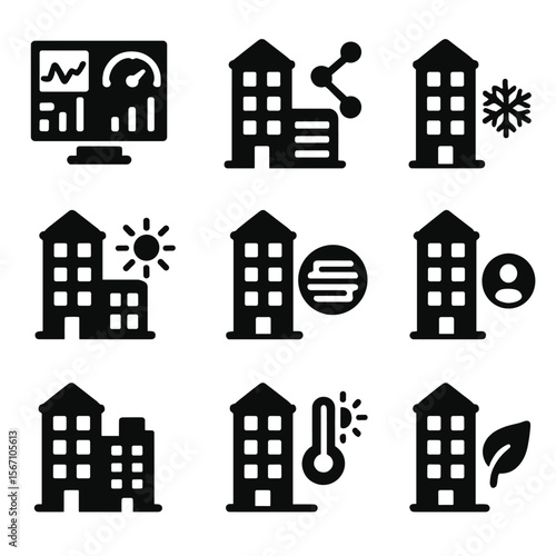 Smart Buildings Icons. Solid, filled icons set of energy-efficient smart buildings: energy dashboard,