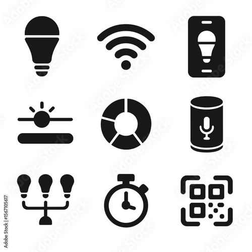 Smart Bulb Icon Grid. Solid, filled icons set of setting up smart bulbs: smart bulb, Wi-Fi signal, smartphone