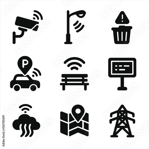 Smart City Icons. Solid, filled icons set of smart cities and infrastructure: traffic sensor, connected