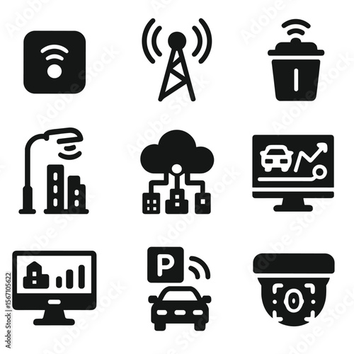 Smart City Icons. Solid, filled icons set of smart city technologies: IoT sensor, 5G tower, smart trash bin,