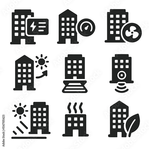 Smart Buildings Icons. Solid, filled icons set of energy-efficient smart buildings: energy dashboard,