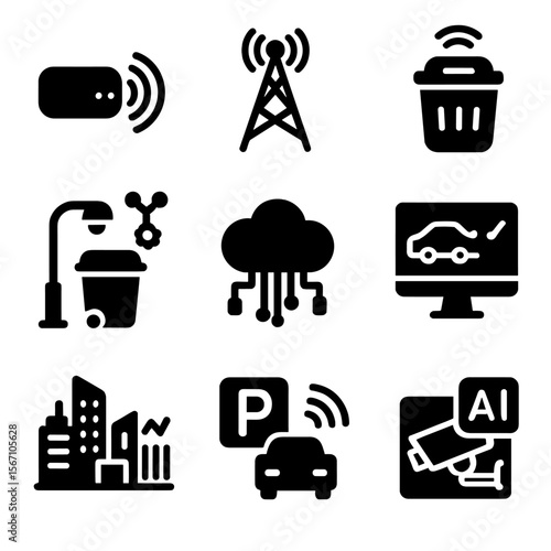 Smart City Icons. Solid, filled icons set of smart city technologies: IoT sensor, 5G tower, smart trash bin,