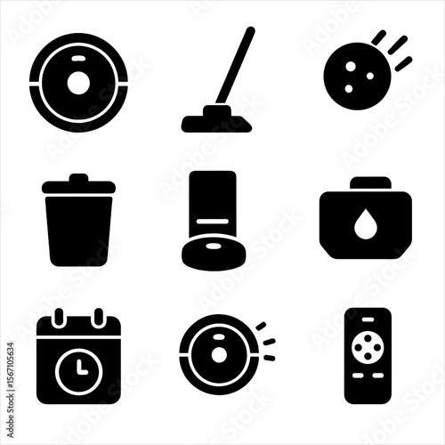 Smart Cleaning Icons. Solid, filled icons set of smart cleaning devices: robot vacuum, floor mop, dirt sensor,