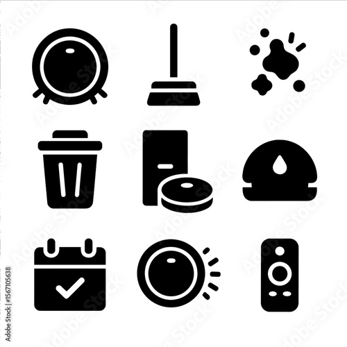 Smart Cleaning Icons. Solid, filled icons set of smart cleaning devices: robot vacuum, floor mop, dirt sensor,