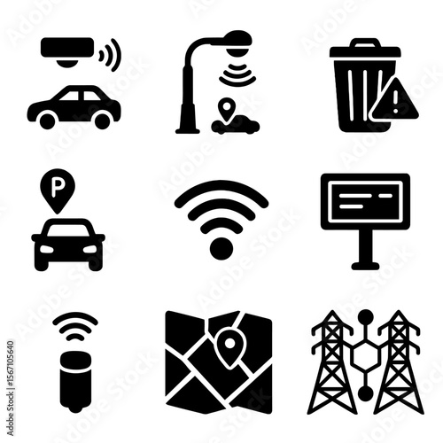 Smart City Icons. Solid, filled icons set of smart cities and infrastructure: traffic sensor, connected
