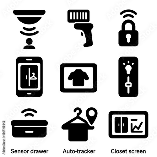 Smart Closet Icons. Solid, filled icons set of smart closet technology: motion light, inventory scanner, smart