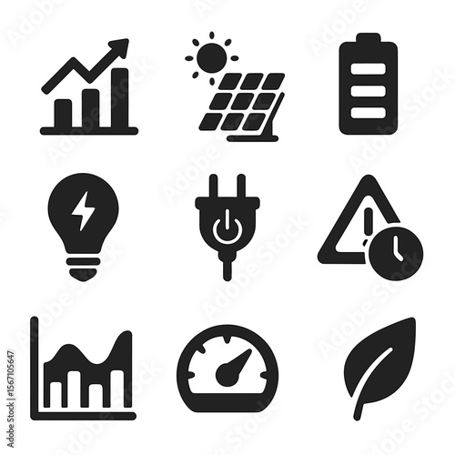 Smart Energy Icons. Solid, filled icons set of smart energy management: usage chart, solar panel, battery icon