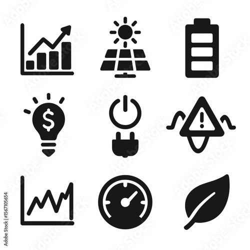 Smart Energy Icons. Solid, filled icons set of smart energy management: usage chart, solar panel, battery icon