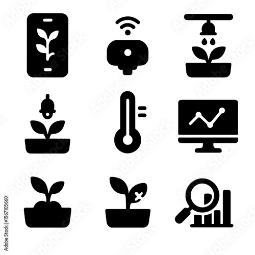 Smart Farming Icons. Solid, filled icons set of smart urban farming: mobile app icon, IoT sensor, smart