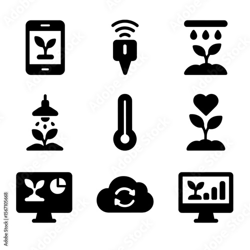 Smart Farming Icons. Solid, filled icons set of smart urban farming: mobile app icon, IoT sensor, smart