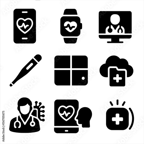 Smart Healthcare Icons. Solid, filled icons set of smart healthcare solutions: health app, wearable tracker,