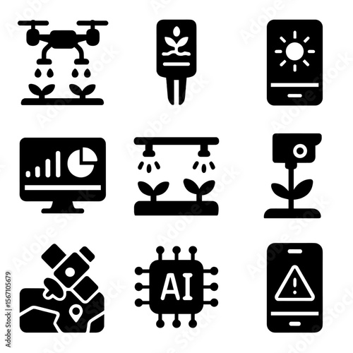 Smart Farming Icons. Solid, filled icons set of smart farming technologies: drone sprayer, soil sensor,