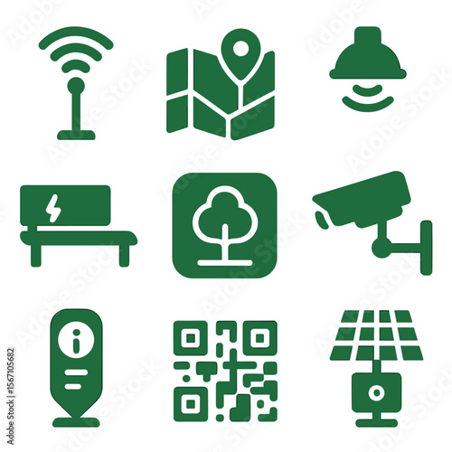 Smart Green Space Icons. Solid, filled icons set of smart technology in green spaces: Wi-Fi pole, digital map,