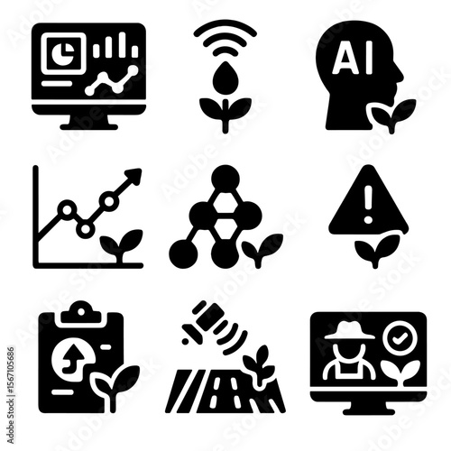 Smart Farming Icons. Solid, filled icons set of data-driven farming insights: charts dashboard, sensor data,