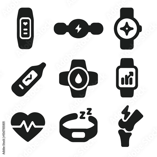 Smart Wearable Icons. Solid, filled icons set of smart wearable tech for recovery: fitness tracker, muscle