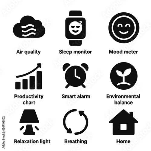 Smart Wellness Icon Set. Solid, filled icons set of smart wellness tracking: air quality icon, sleep monitor,