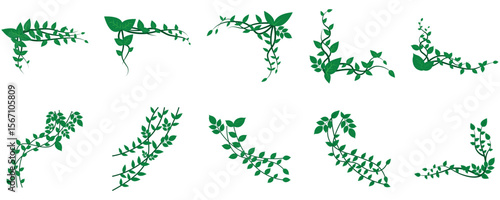 Set of tree root corner with dense green leaves, green leaf branch border vector