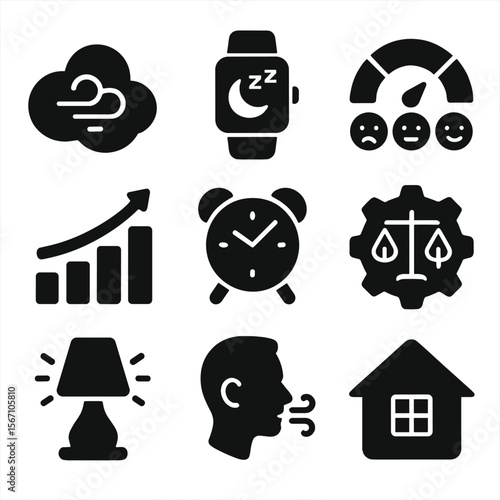 Smart Wellness Icon Set. Solid, filled icons set of smart wellness tracking: air quality icon, sleep monitor,