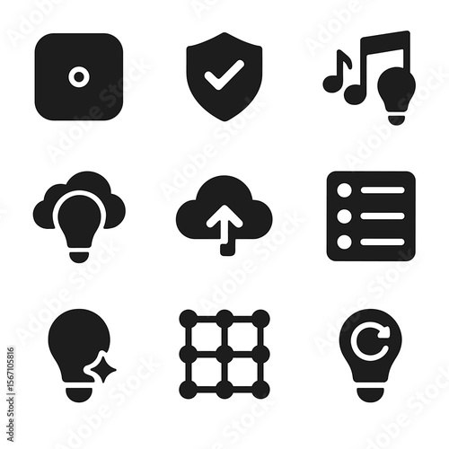 Smart Lighting Icons. Solid, filled icons set of smart lighting ecosystems: branded smart hub, compatibility