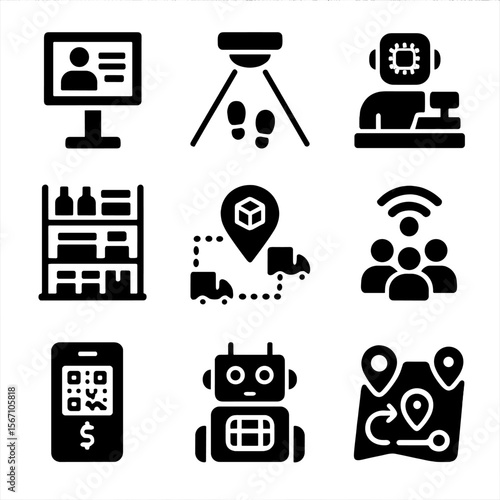 Smart Retail Icons. Solid, filled icons set of smart retail and commercial IoT: digital signage, foot traffic
